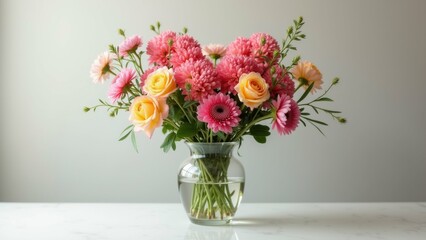 Fototapeta premium The image is of a beautiful flower arrangement in a glass vase. The vase is placed on a white marble countertop against a plain white wall.