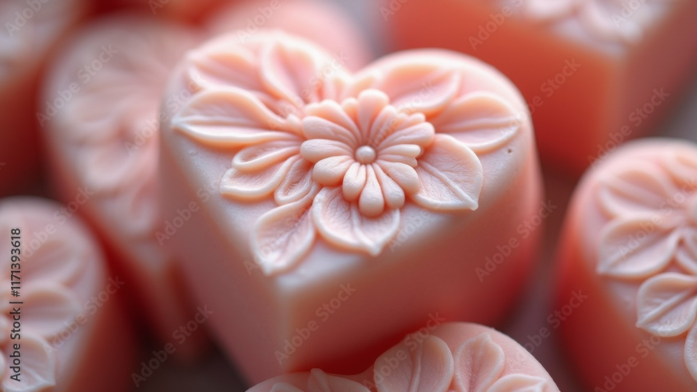 Poster the image is a close-up of a group of heart-shaped candies. the candies are pink in color and have a