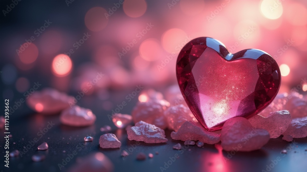 Poster the image is a close-up of a heart-shaped gemstone on a dark surface. the gemstone is a deep red col