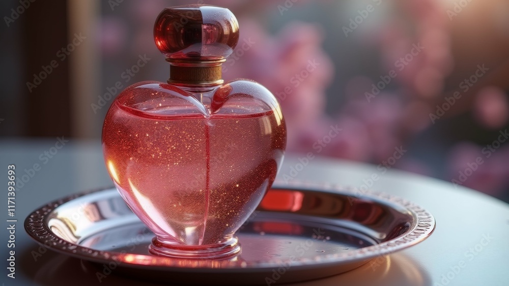 Poster the image is a close-up of a perfume bottle in the shape of a heart. the bottle is made of glass and