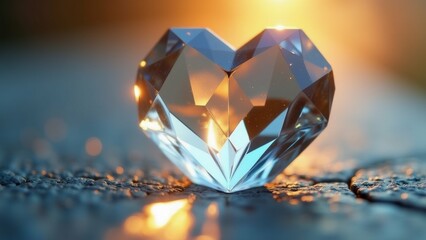 Fototapeta premium The image is a close-up of a heart-shaped diamond on a textured surface. The diamond is made up of multiple facets, creating a diamond-like shape.