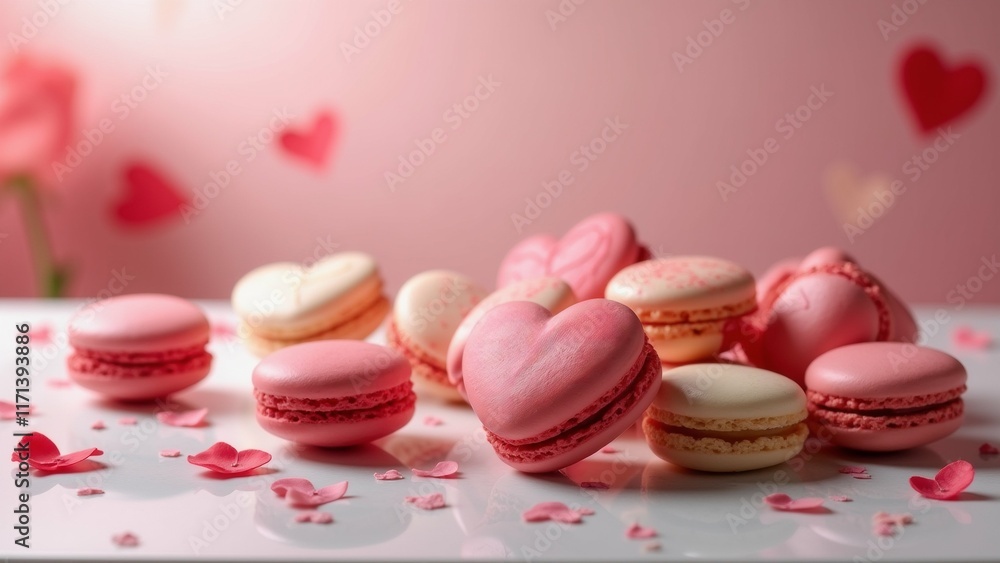 Aufkleber the image shows a group of pink and white macarons arranged on a white surface. there are several he