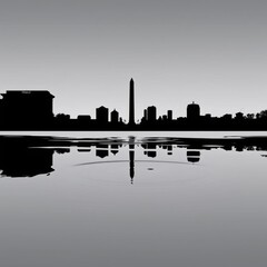 Washington DC skyline, silhouette, reflection in water, Washington Monument, urban landscape, black and white photography, minimalist, symmetry, calm water, city panorama, monochromatic, iconic landma