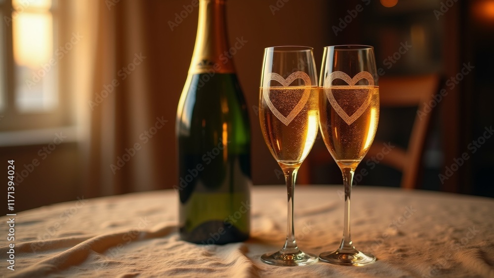 Poster the image shows a table with a bottle of champagne and two glasses of champagne on it. the table is 