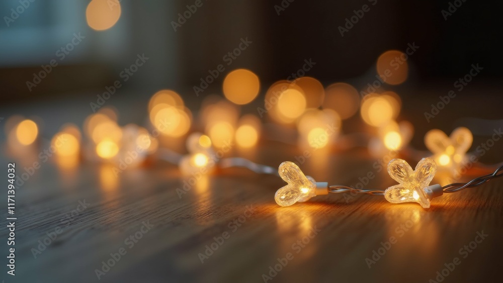 Aufkleber the image shows a string of small, glowing lights on a wooden surface. the lights are in the shape o
