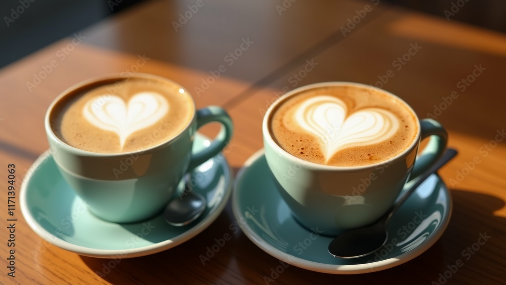 Poster the image shows two cups of coffee on a wooden table. the cups are light blue in color and have sauc