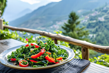 Plate of salad with red peppers and tomatoes on a wooden table.