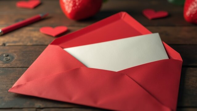 The image shows a red envelope with a white card inside. The envelope is folded in a triangular shape and is placed on a wooden surface.