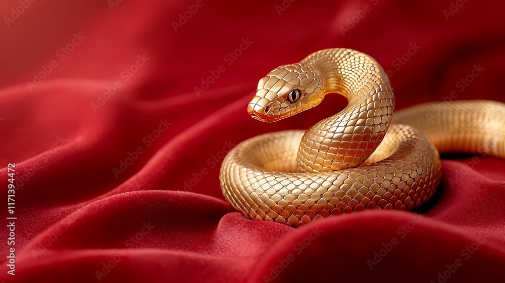 Poster closeup of a coiled golden snake resting on a luxurious red velvet backdrop with ornate intricate te