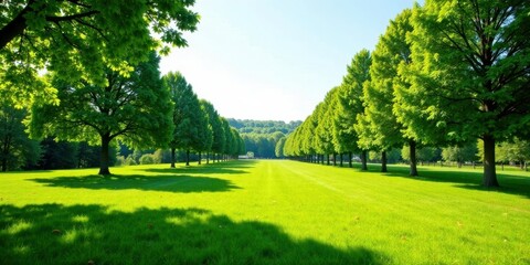 Fototapeta premium Serene Summer Landscape Lush Green Meadow with Rows of Majestic Trees under a Sunny Sky