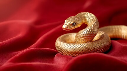 Fototapeta premium Closeup of a coiled golden snake resting on a luxurious red velvet backdrop with ornate intricate textures The serpent s scales shimmer in the light creating a captivating and alluring visual