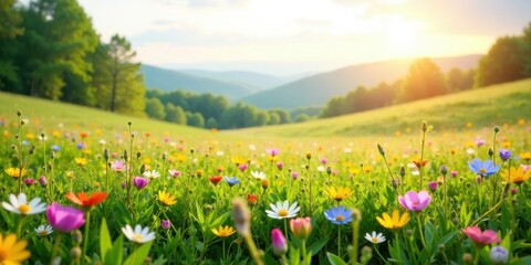 Obraz premium Vibrant Wildflower Meadow at Golden Hour Sunset with Rolling Hills in the Background
