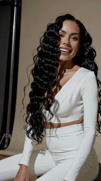 A captivating African American woman with flawless makeup stands poised in a minimalist beige studio. Her luxurious black hair, styled in soft, water waves, adds a touch of glamour and charm