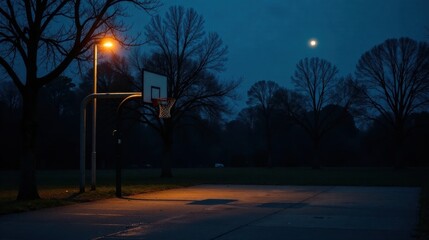 Nighttime Basketball Court Illuminated by a Single Lamp Post Under a Moonlit Sky
