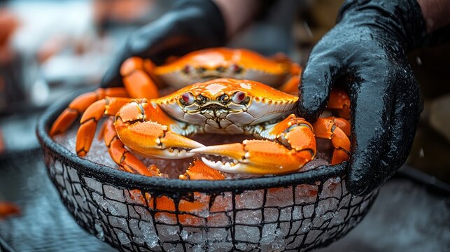 Enthusiastic seafood vendors showcase vibrant crabs atop a bed of ice with expert care