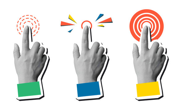 Collection of hands pressing a button. Illustration in modern collage style, transparent background