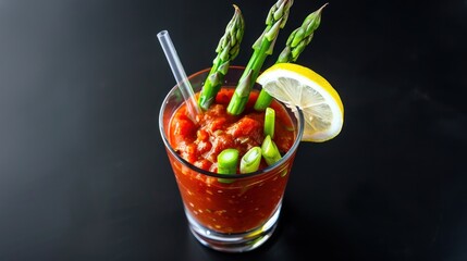 Bloody Mary Cocktail with Asparagus and Lemon Garnish