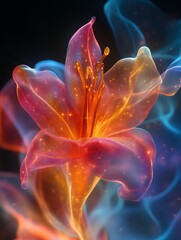 Glowing translucent lily flower in smoke.