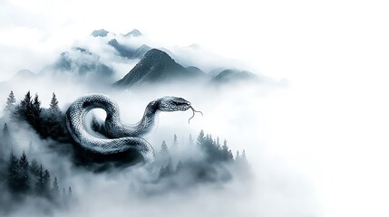 Coiling serpent slithering through a hazy atmospheric pine forest landscape with a towering mountainous backdrop shrouded in mist and fog creating a mysterious eerie and conceptual scene
