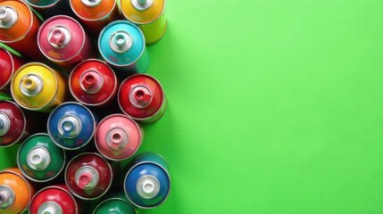 A vibrant collection of colorful spray paint cans against a bright green background