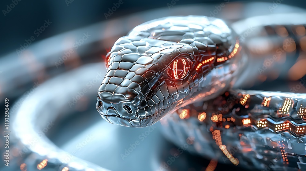 Poster cybernetic snake with glowing circuit scales slithering through a futuristic high tech landscape the