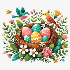 Berd nest with eggs, flowers and greenery stock illustration