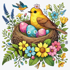 Berd nest with eggs, flowers and greenery stock illustration