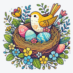 Obraz premium Berd nest with eggs, flowers and greenery stock illustration