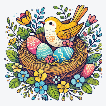 Berd nest with eggs, flowers and greenery stock illustration