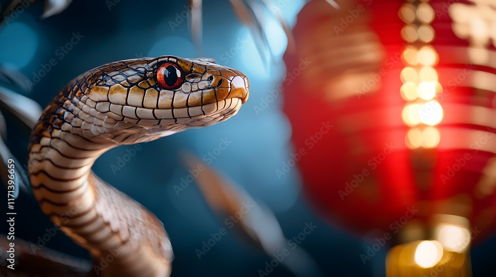 Aufkleber coiled snake wrapped around a glowing red chinese lantern creating an intricate and mesmerizing patt