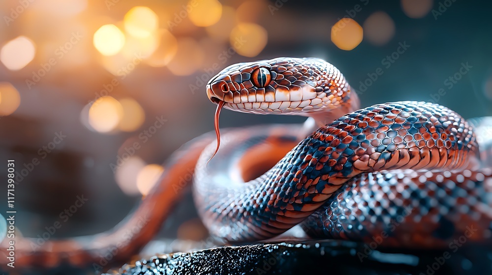 Poster Elegant snake coiled in soft moonlight shadows displaying its ornate traditional patterning and captivating presence