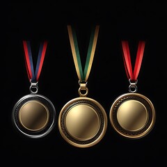 Three Gold Medals with Ribbons Displayed on Black Background