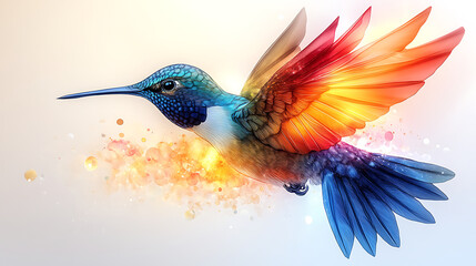 Colorful hummingbird in flight, vibrant wings, artistic splash background.