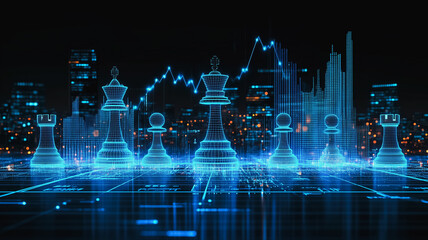 Strategic Vision: Chess pieces illuminate a futuristic cityscape, symbolizing strategic planning, market trends, and the competitive business landscape.