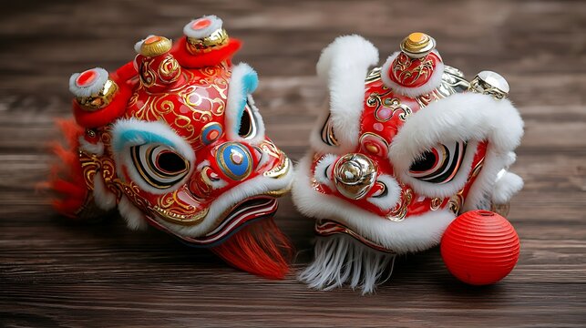 Colorful and intricately designed traditional Chinese lion dance masks and theatrical props artfully arranged in a visually striking still life composition