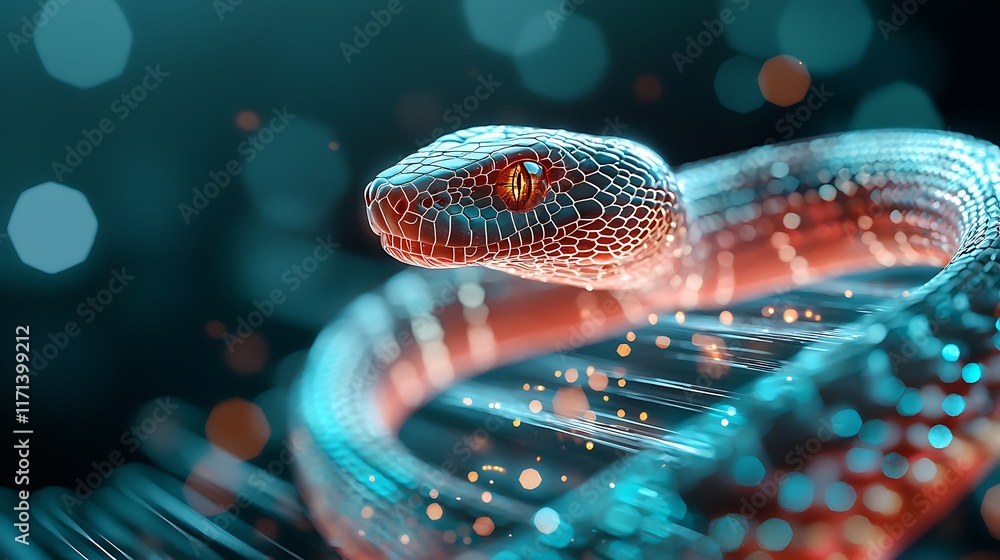 Poster energetic snake hologram with futuristic glitch effects a dynamic digital showcase of a snakelike fo