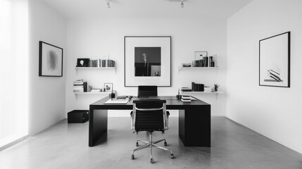 Minimalist modern office interior with black desk, artwork, and floating shelves.