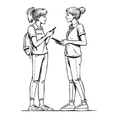 Elegant Illustrator Of Two Corporate Lady Gossiping Line Art Vector