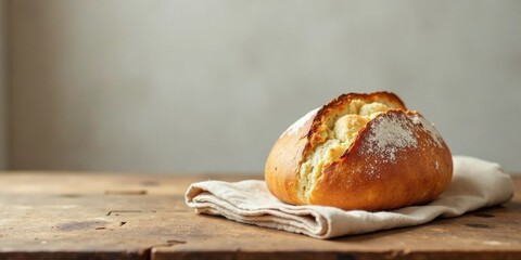 A rustic loaf of freshly baked bread, dusted with powdered sugar, rests on a linen cloth atop a weathered wooden surface.