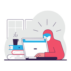  A character intently typing on their laptop at a desk 