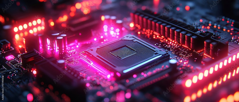 Poster close-up of illuminated computer motherboard and cpu.