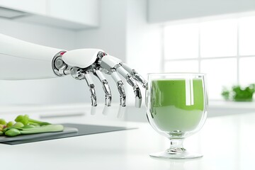 Robotic hand reaching for a glass of green smoothie in a bright, modern kitchen, symbolizing the fusion of advanced technology and healthy, sustainable living