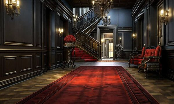 Classic gothic victorian mansion hallway with ornate woodwork