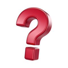 A 3D render of a cartoon-style red question mark. The question mark is floating in the air. The background is transparent.