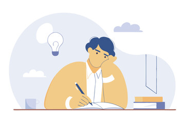 A character jotting down notes in a notebook