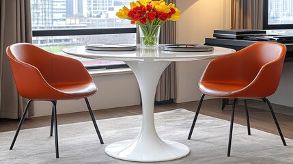 Modern dining room with white pedestal table and terracotta chairs, tulips in vase.