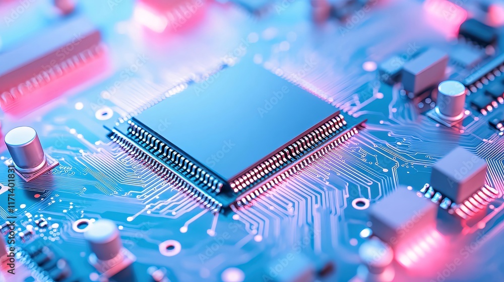 Poster close-up of a central processing unit on a circuit board with vibrant lighting.