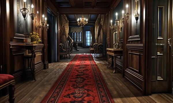 Mysterious victorian hallway with gothic charm and lighting