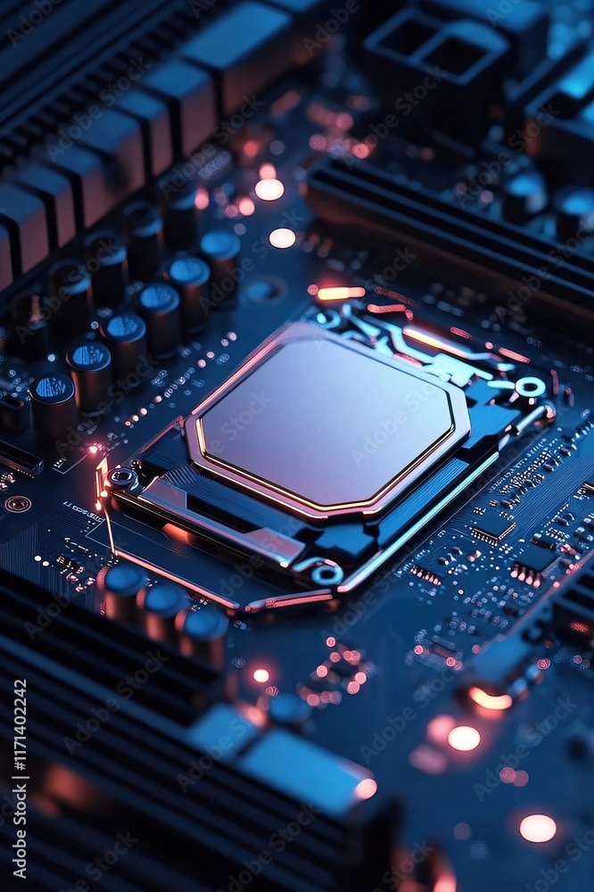 Poster close-up of a computer motherboard with cpu.