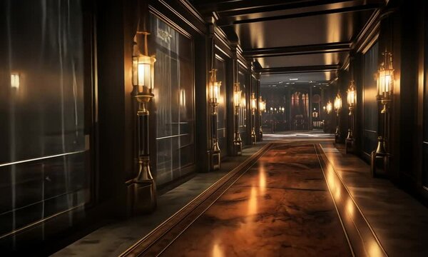 Dark gothic victorian mansion hallway with ambient lighting